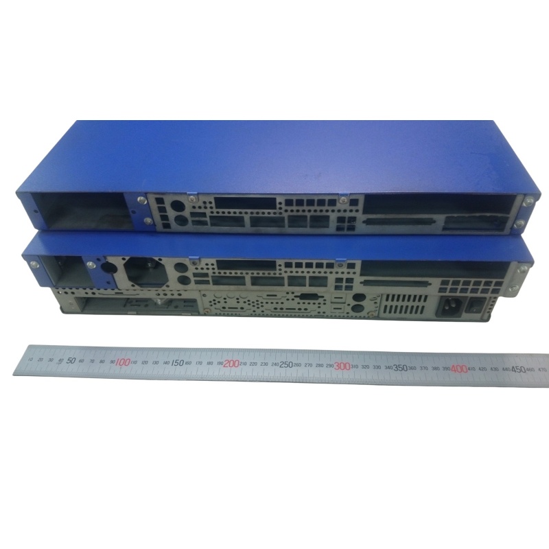 Precision 2U blue rackmount enclosure with custom front panel cutouts and mounting ears