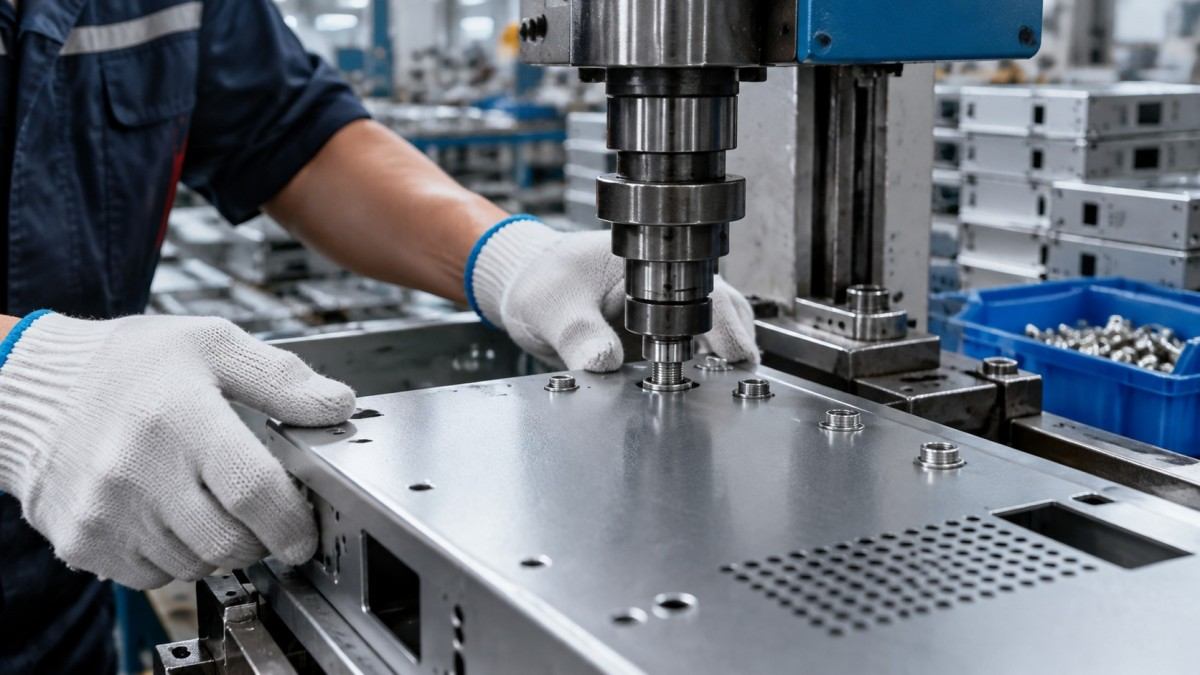 A close-up shot of a technician performing hardware insertion (pressing PEM nuts) or silk-screening a logo onto a finished metal panel